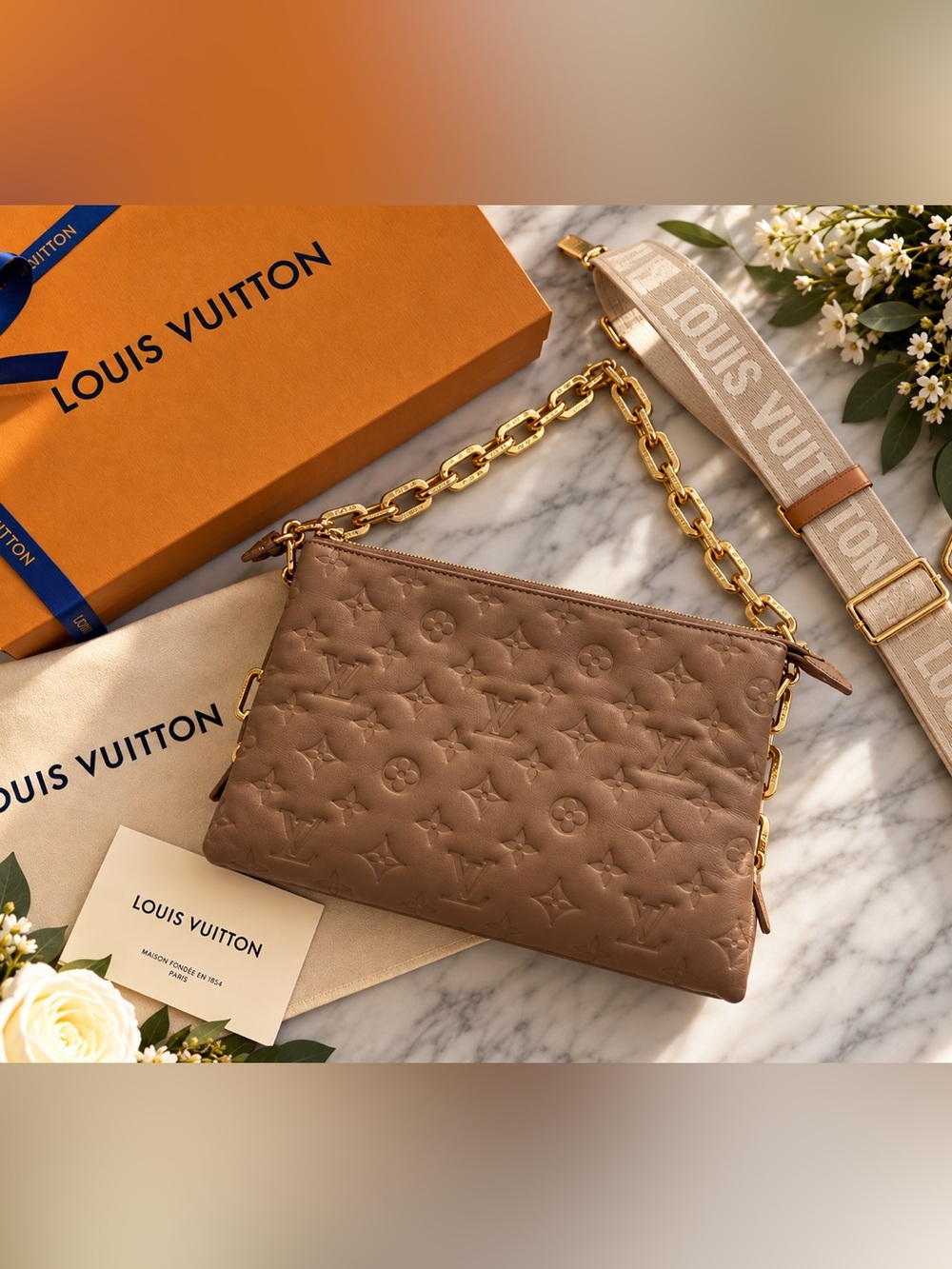 Louis Vuitton Coussin PM Taupe Monogram Lambskin Gold Chain M59277